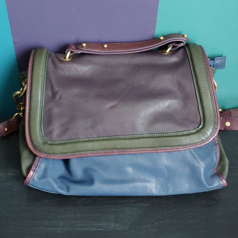 Leather messenger bag purple blue green